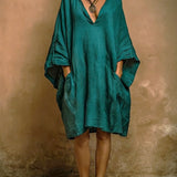 Batwing Sleeve Boho Linen V-Neck Dress