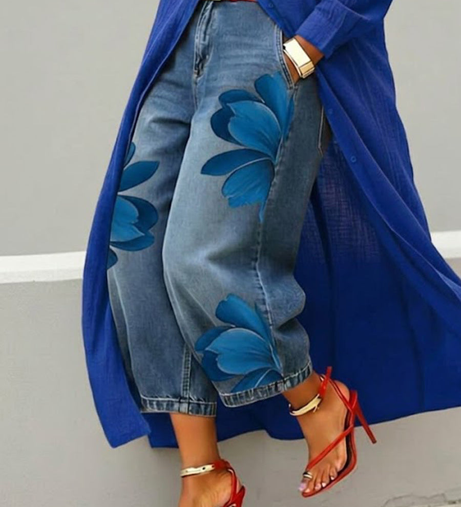 Cropped Wide-Leg Floral Print Jeans