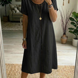 Eyelet-Trim Casual Linen Midi Dress