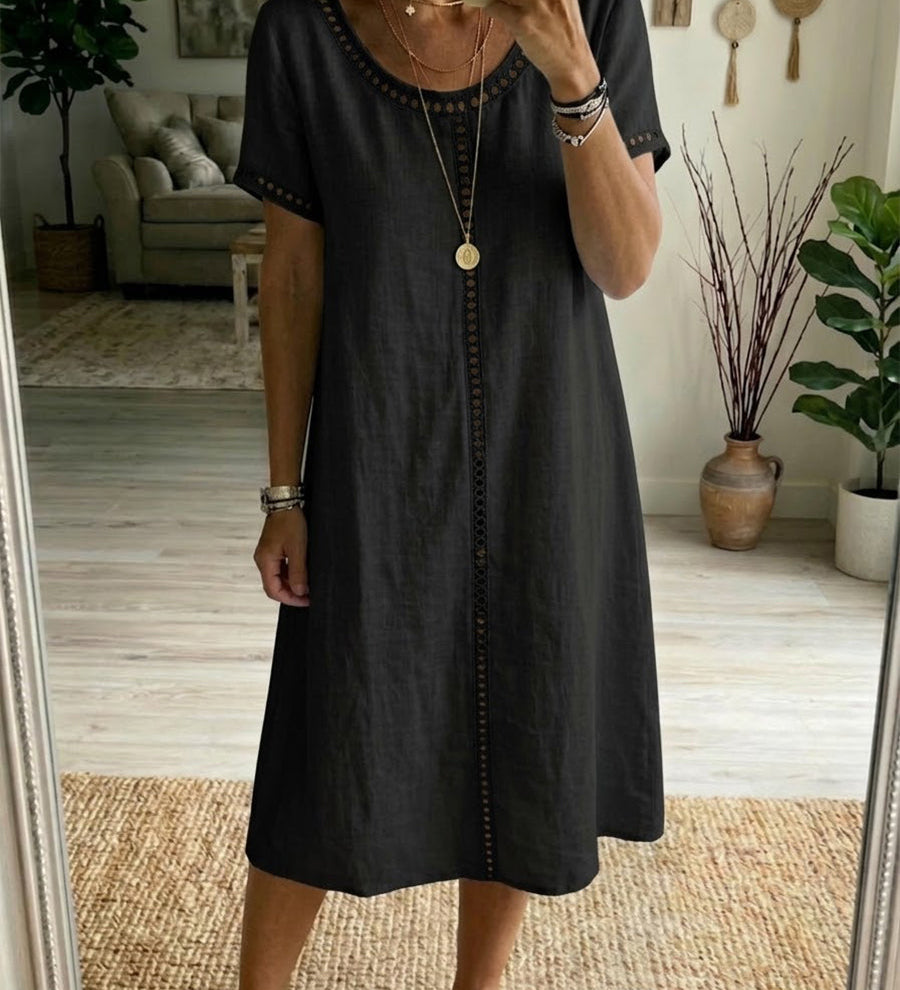 Eyelet-Trim Casual Linen Midi Dress