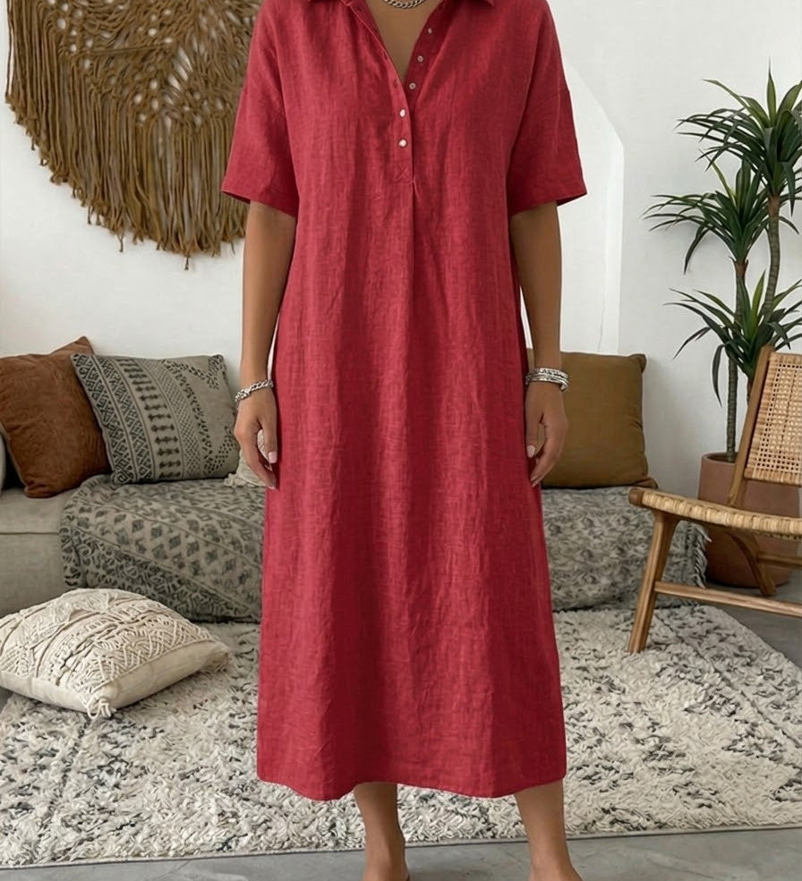 Polo Collar Casual Linen Maxi Dress