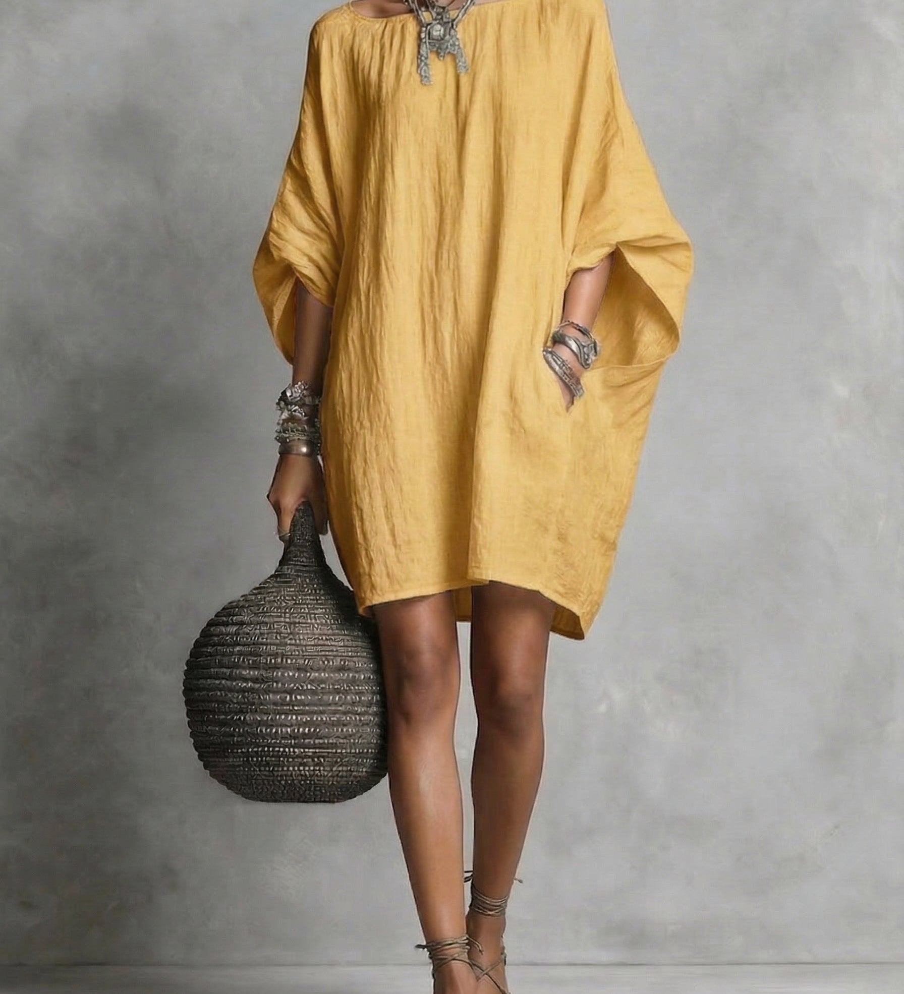 Artistic Solid Batwing-Sleeve Relaxed Dress