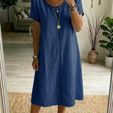 Eyelet-Trim Casual Linen Midi Dress