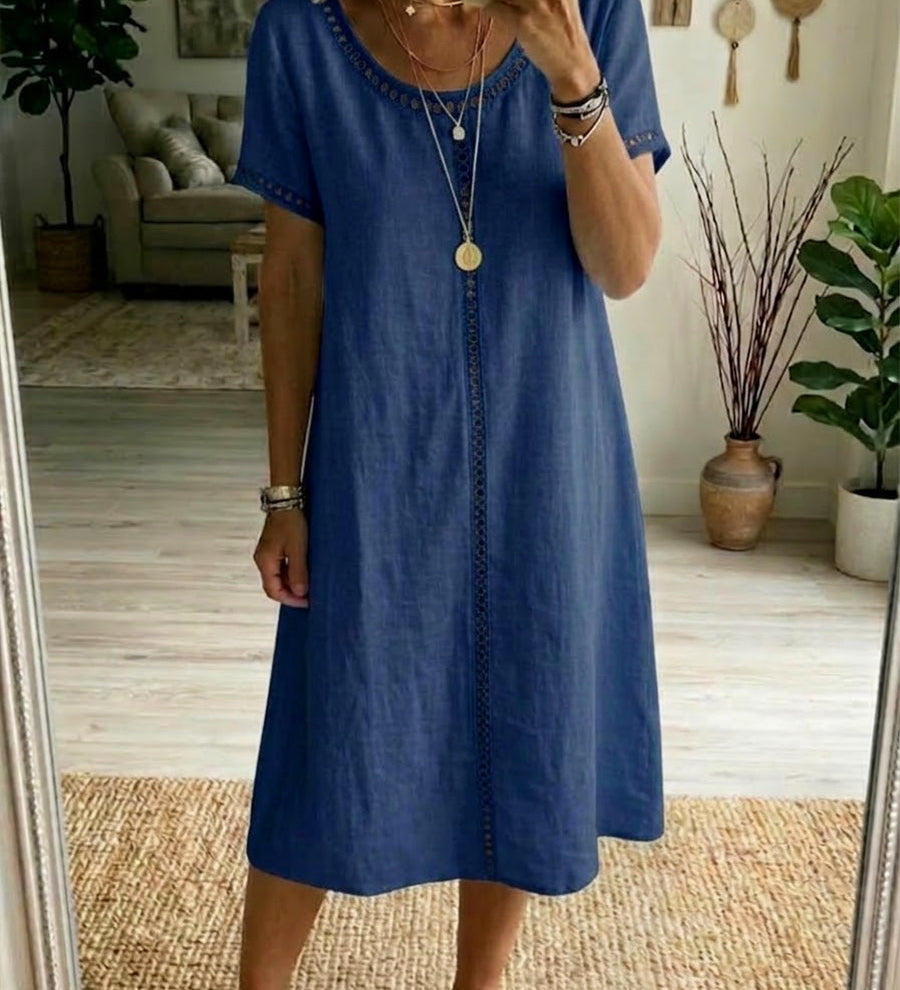 Eyelet-Trim Casual Linen Midi Dress