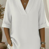 V-Neck Elegant Rolled-Sleeve Chiffon Blouse
