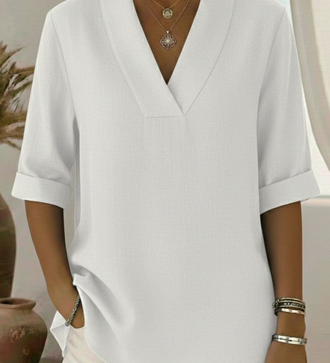 V-Neck Elegant Rolled-Sleeve Chiffon Blouse