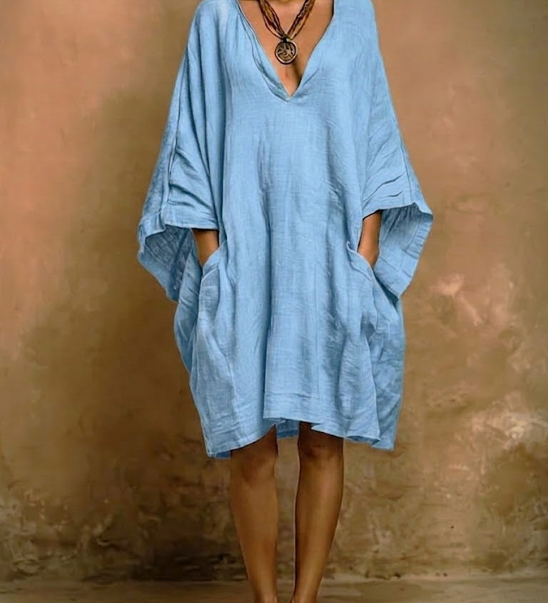 Batwing Sleeve Boho Linen V-Neck Dress