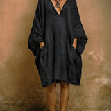 Batwing Sleeve Boho Linen V-Neck Dress