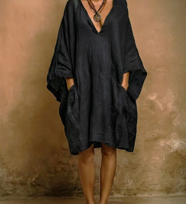 Batwing Sleeve Boho Linen V-Neck Dress