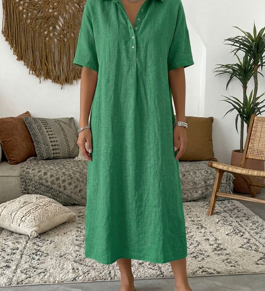 Polo Collar Casual Linen Maxi Dress