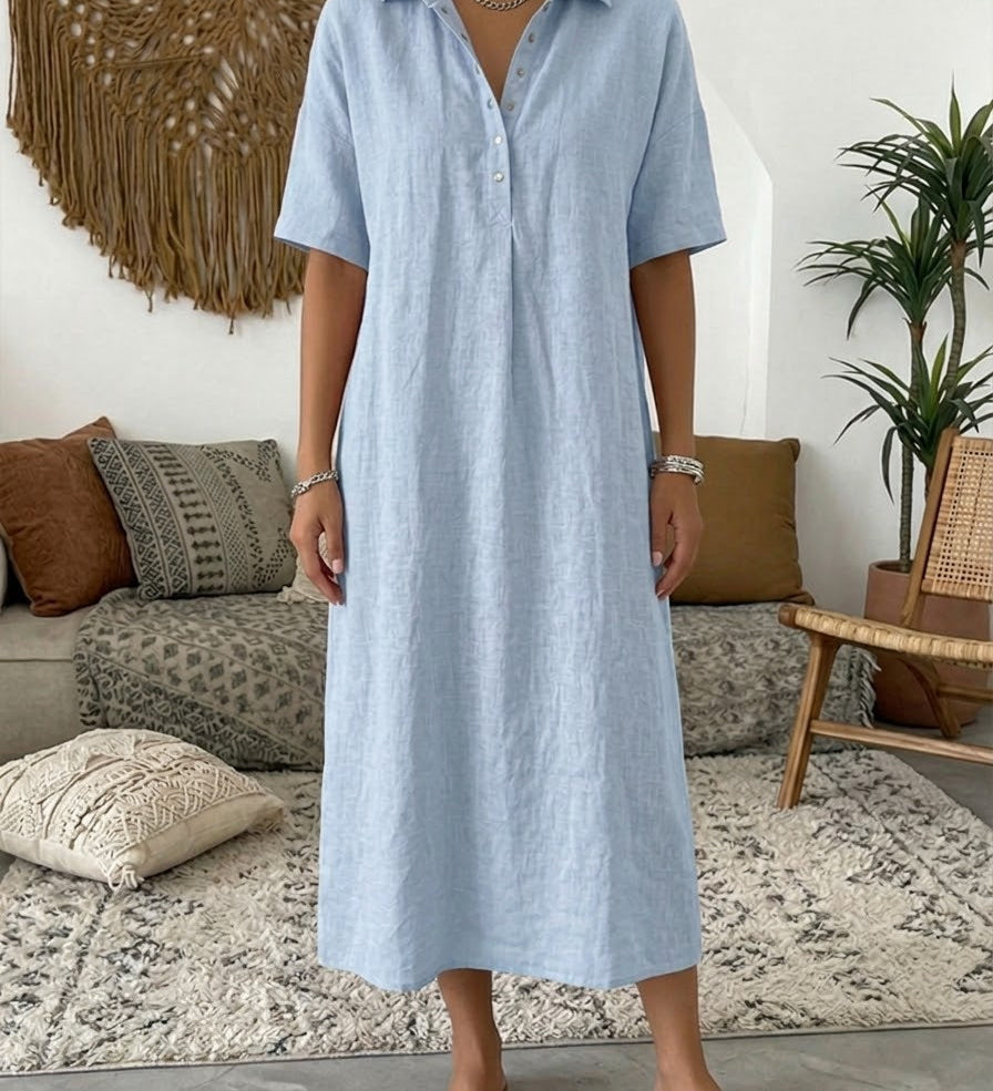 Polo Collar Casual Linen Maxi Dress