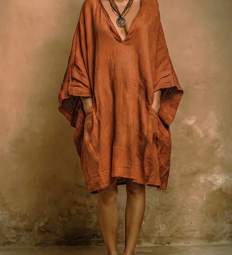 Batwing Sleeve Boho Linen V-Neck Dress