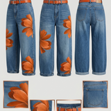 Cropped Wide-Leg Floral Print Jeans