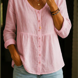 Comfortable Solid Button-Front Relaxed Blouse