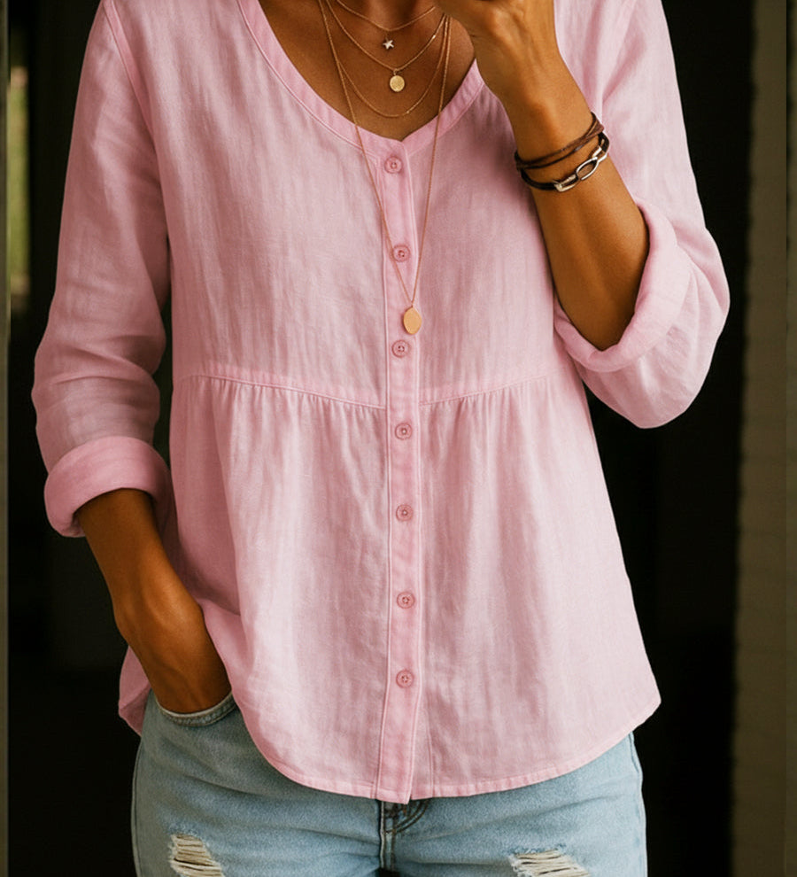 Comfortable Solid Button-Front Relaxed Blouse