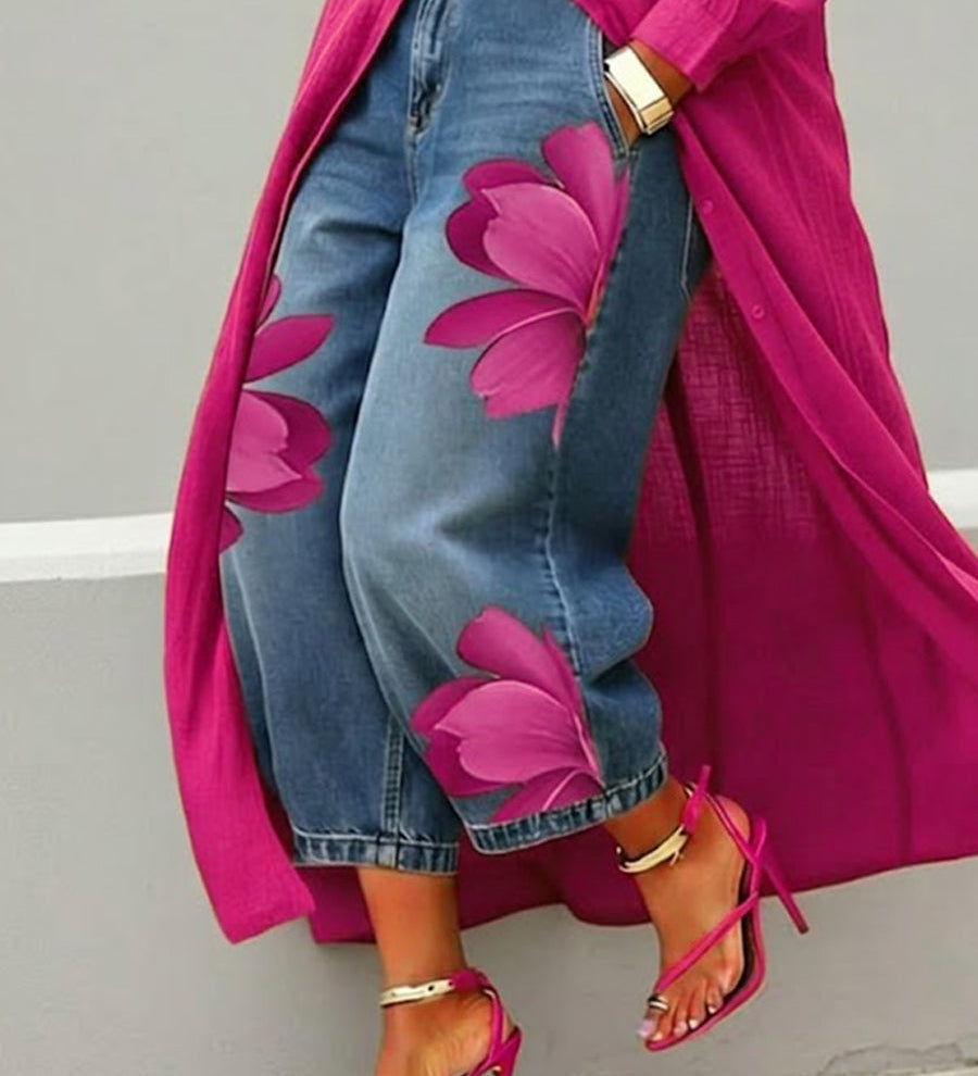 Cropped Wide-Leg Floral Print Jeans