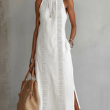 Lace-Trim Boho Halter-Neck Slit Maxi Dress