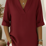 V-Neck Elegant Rolled-Sleeve Chiffon Blouse