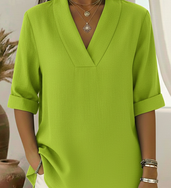 V-Neck Elegant Rolled-Sleeve Chiffon Blouse