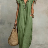 Ruffle-Trim Boho Linen Sleeveless Maxi Dress