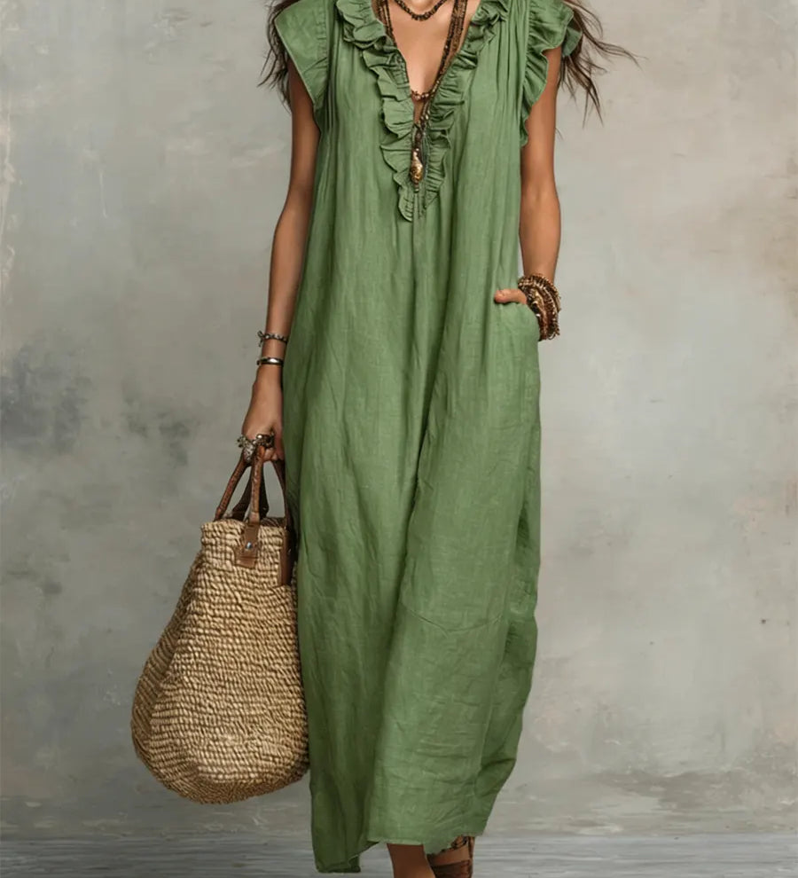 Ruffle-Trim Boho Linen Sleeveless Maxi Dress