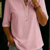 Comfortable Solid Button-Neck Henley Top