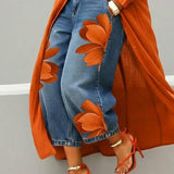 Cropped Wide-Leg Floral Print Jeans