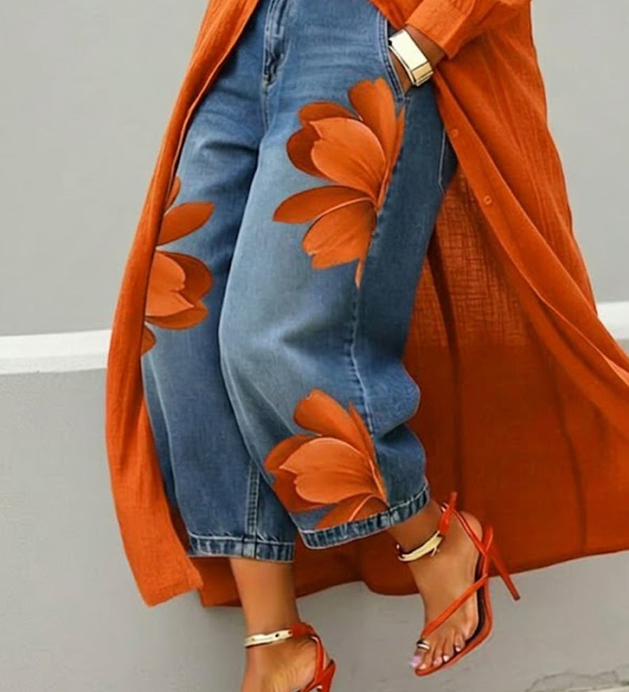 Cropped Wide-Leg Floral Print Jeans