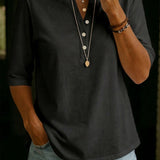 Comfortable Solid Button-Neck Henley Top