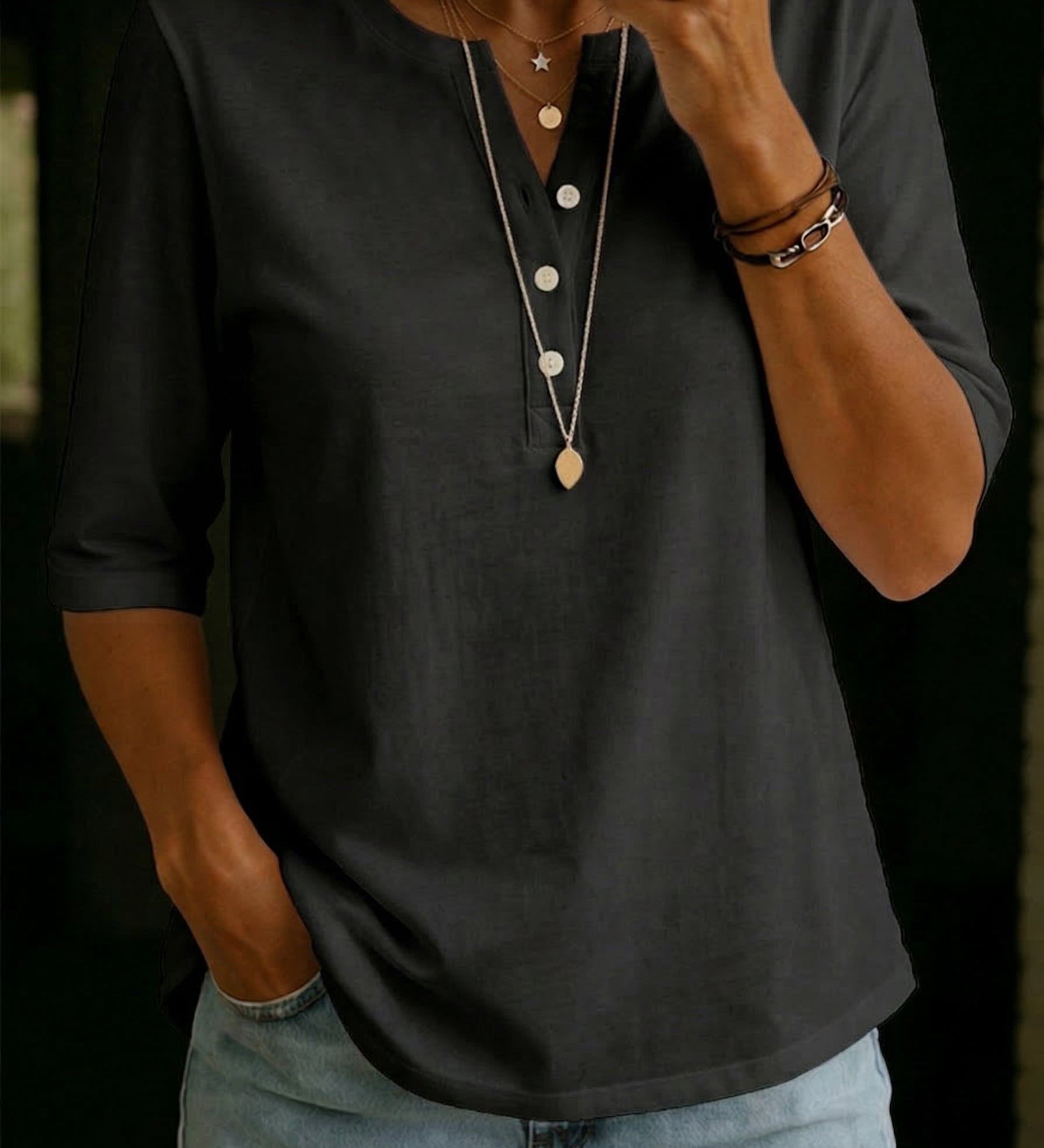 Comfortable Solid Button-Neck Henley Top
