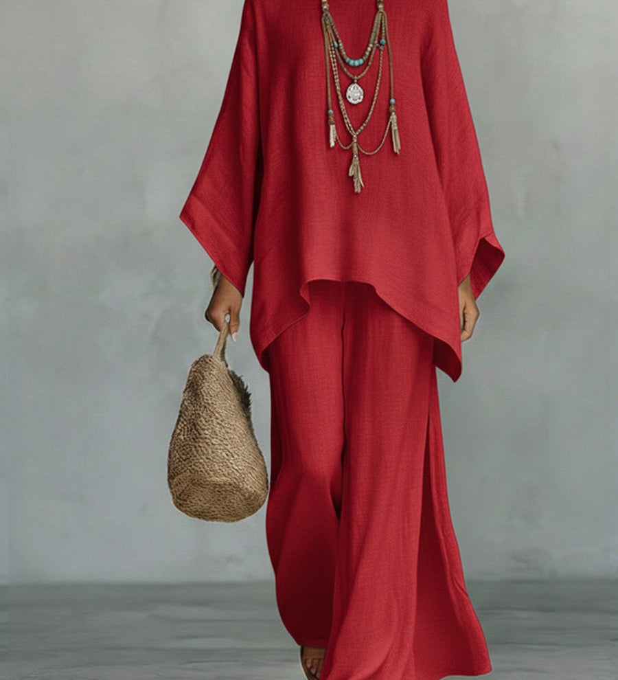 Batwing Linen Boho Wide-Leg 2-Piece Set