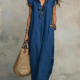 Ruffle-Trim Boho Linen Sleeveless Maxi Dress
