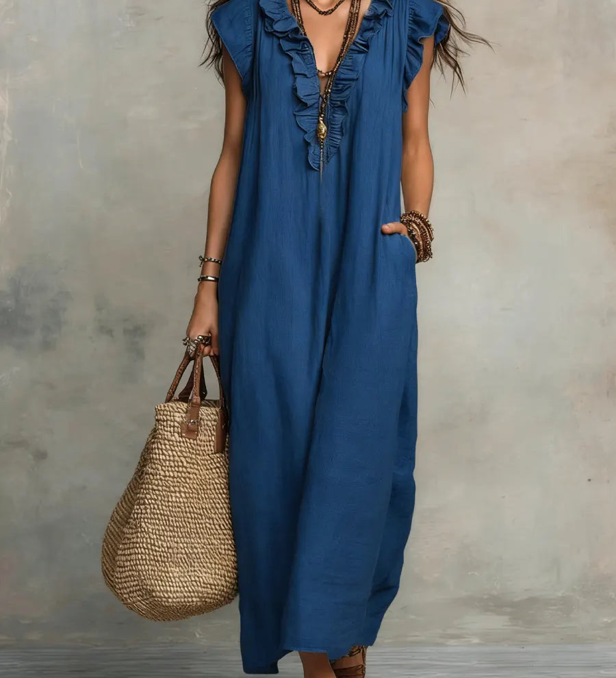 Ruffle-Trim Boho Linen Sleeveless Maxi Dress