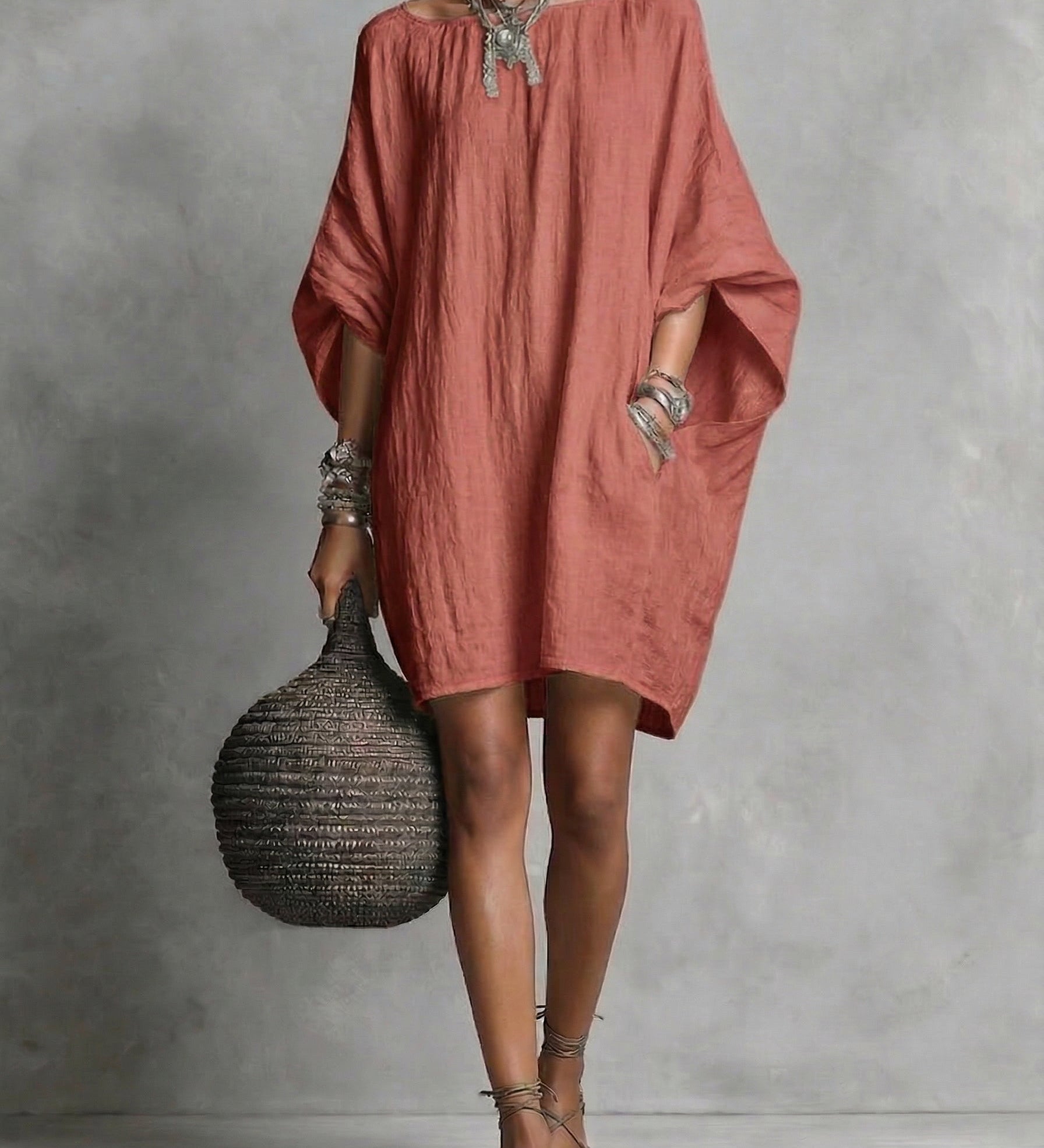 Artistic Solid Batwing-Sleeve Relaxed Dress