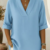 V-Neck Elegant Rolled-Sleeve Chiffon Blouse