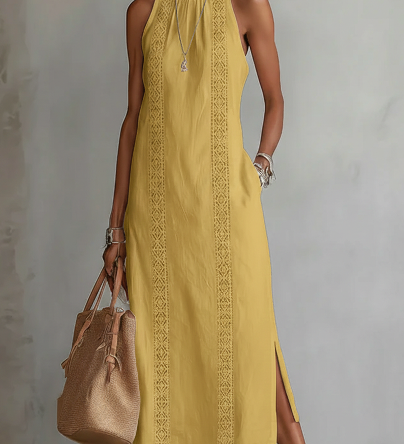 Lace-Trim Boho Halter-Neck Slit Maxi Dress