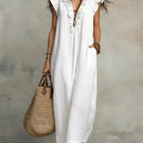 Ruffle-Trim Boho Linen Sleeveless Maxi Dress