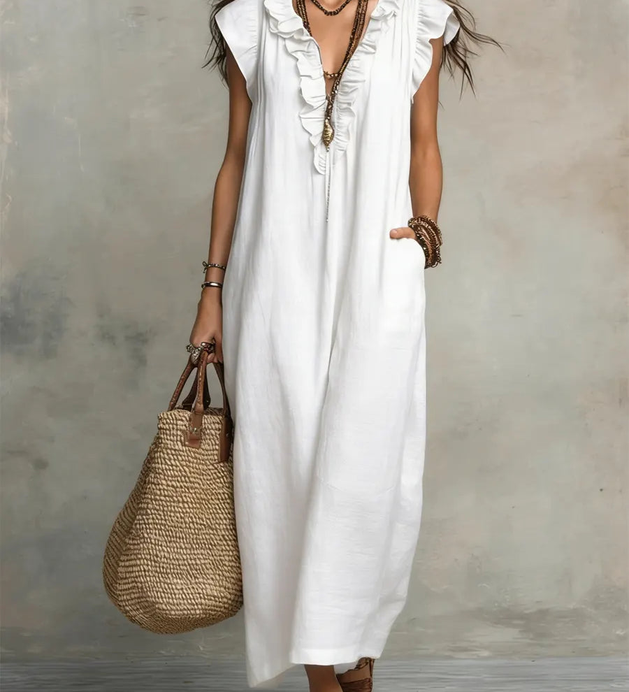 Ruffle-Trim Boho Linen Sleeveless Maxi Dress