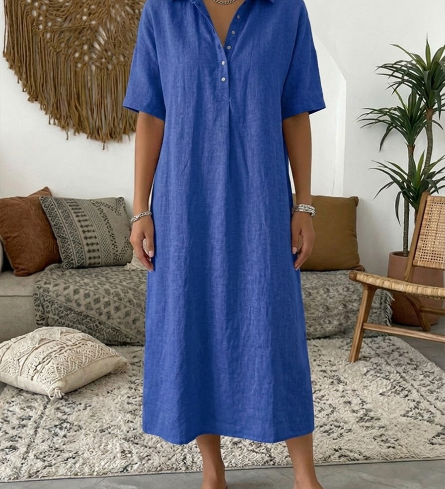 Polo Collar Casual Linen Maxi Dress
