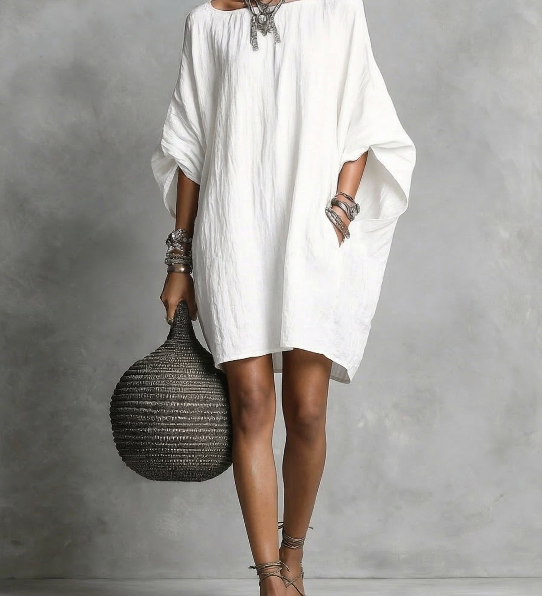 Artistic Solid Batwing-Sleeve Relaxed Dress