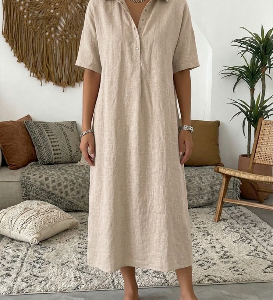 Polo Collar Casual Linen Maxi Dress