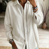 Eyelet-Trim Casual Linen Button-Down Shirt
