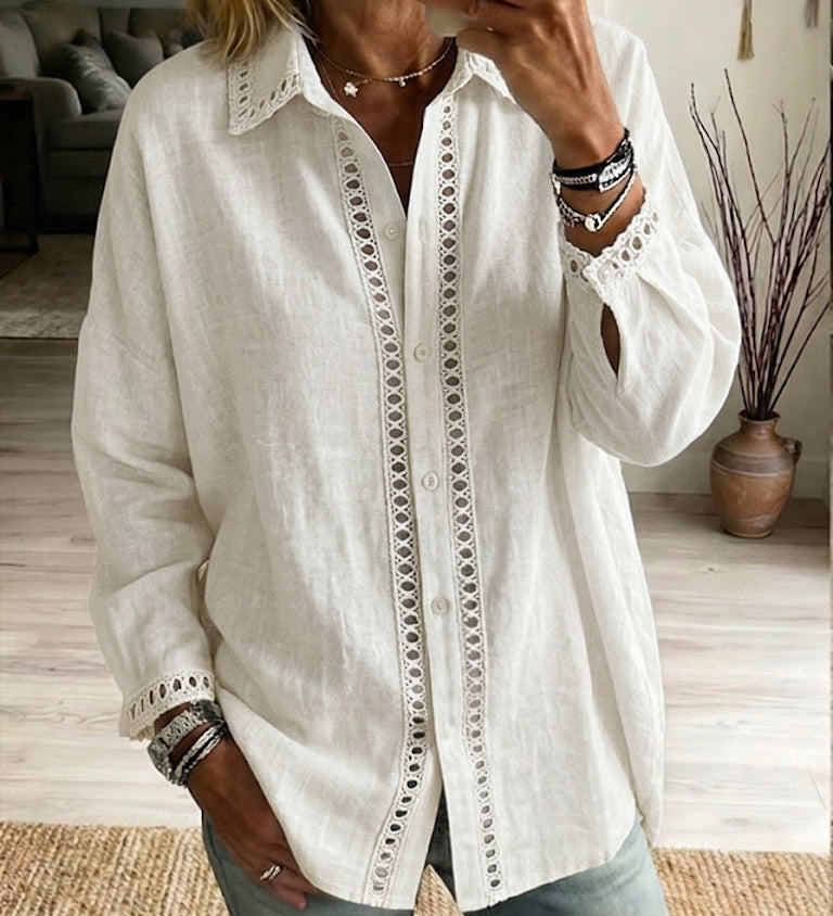 Eyelet-Trim Casual Linen Button-Down Shirt