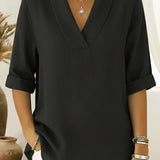 V-Neck Elegant Rolled-Sleeve Chiffon Blouse