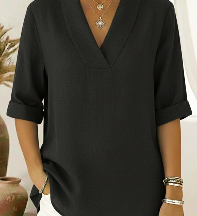 V-Neck Elegant Rolled-Sleeve Chiffon Blouse