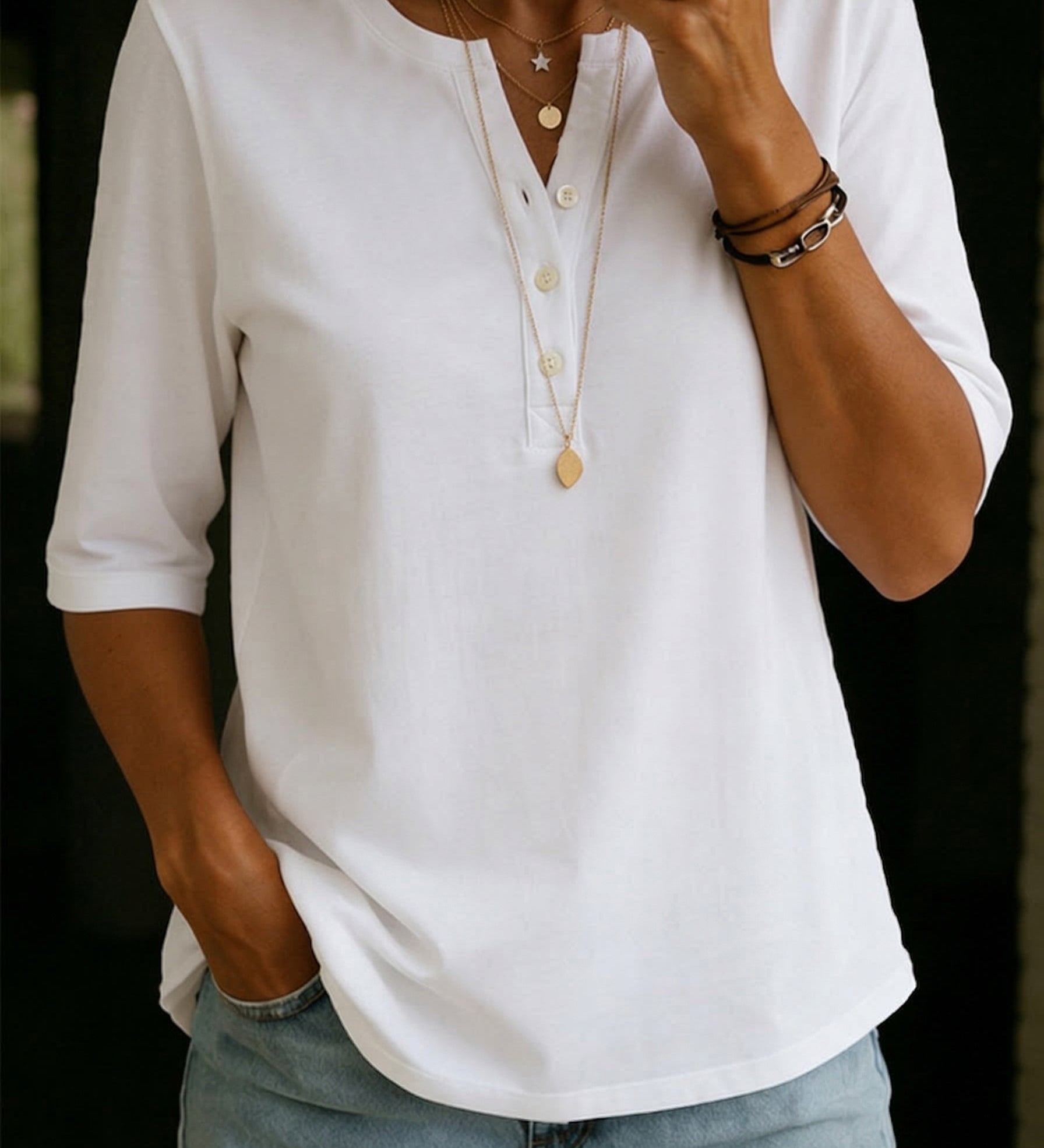 Comfortable Solid Button-Neck Henley Top