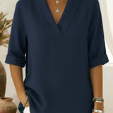V-Neck Elegant Rolled-Sleeve Chiffon Blouse