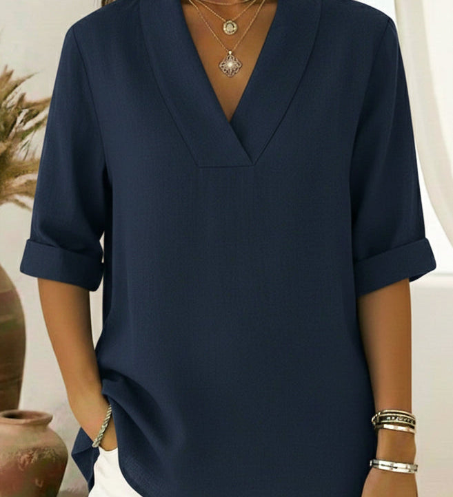 V-Neck Elegant Rolled-Sleeve Chiffon Blouse