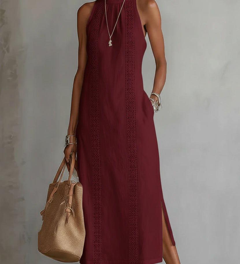 Lace-Trim Boho Halter-Neck Slit Maxi Dress