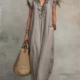 Ruffle-Trim Boho Linen Sleeveless Maxi Dress